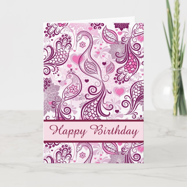 Tarjeta Hermoso diseño de pájaros rosados Feliz cumpleaños (Anverso)