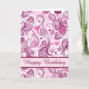 Tarjeta Hermoso diseño de pájaros rosados Feliz cumpleaños