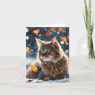 Tarjeta Hermoso gato atigrado gris hojas de otoño en blanc