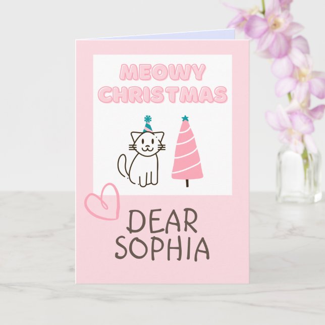 Tarjeta Hermoso gato en un sombrero y árbol Feliz Navidad  (Orquídea)