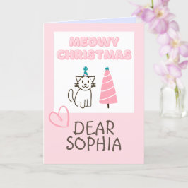 Tarjeta Hermoso gato en un sombrero y árbol Feliz Navidad 