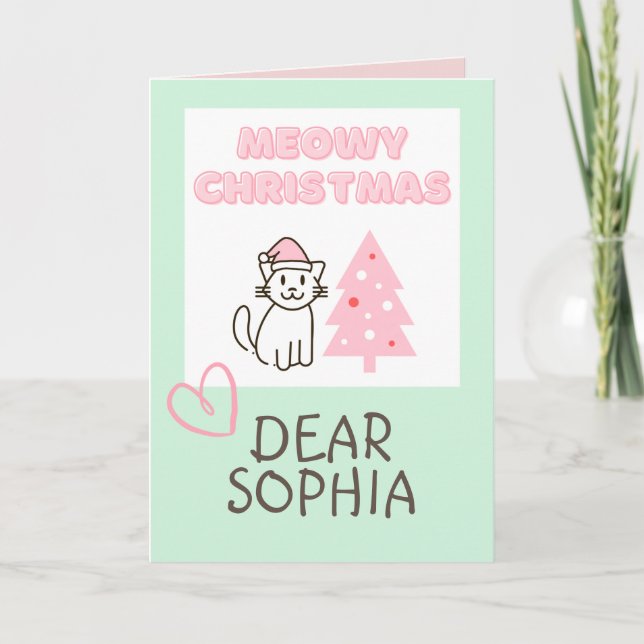 Tarjeta Hermoso gato en un sombrero y árbol Feliz Navidad  (Anverso)