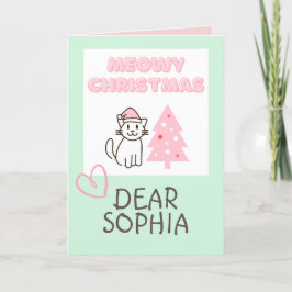 Tarjeta Hermoso gato en un sombrero y árbol Feliz Navidad 