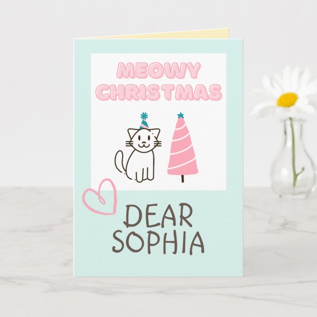 Tarjeta Hermoso gato en un sombrero y árbol Feliz Navidad  (Planta pequeña)