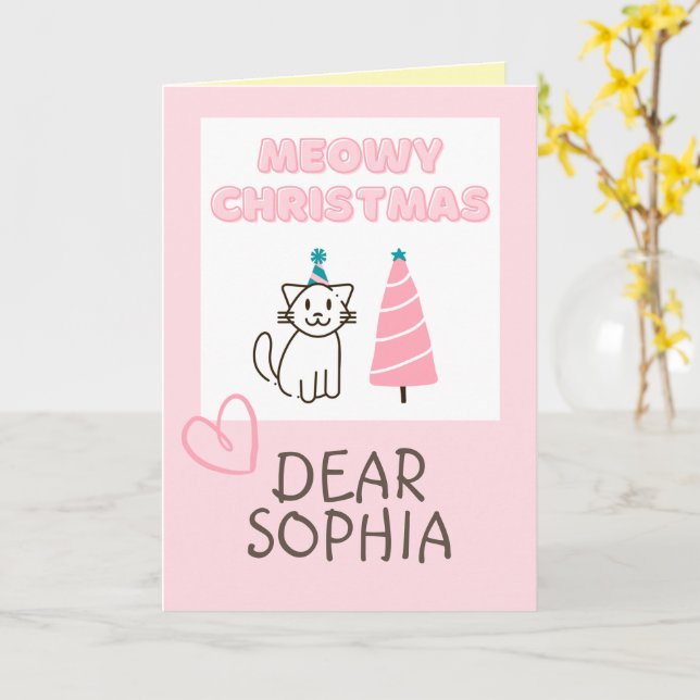 Tarjeta Hermoso gato en un sombrero y árbol Feliz Navidad  (flor amarilla)