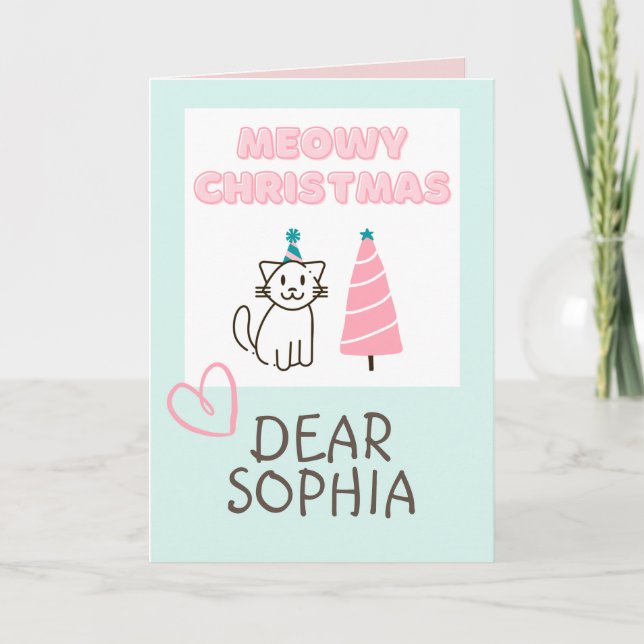 Tarjeta Hermoso gato en un sombrero y árbol Feliz Navidad  (Anverso)