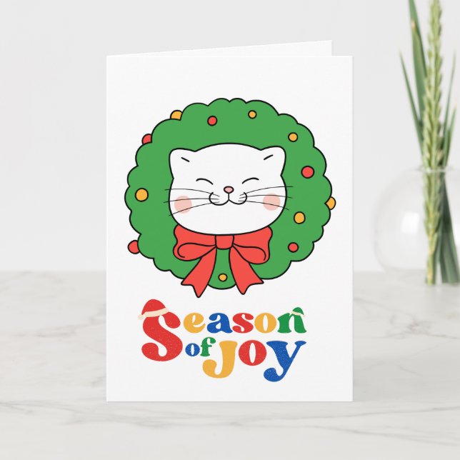 Tarjeta Hermoso Gato Kawaii Navidad Corona Época de Alegrí (Anverso)