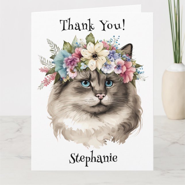 Tarjeta Hermoso gato Ragdoll floral personalizado agradeci (Anverso)