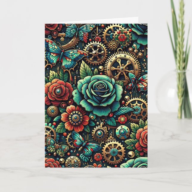 Tarjeta Hermoso juego de Steampunk y Rosas en blanco (Anverso)