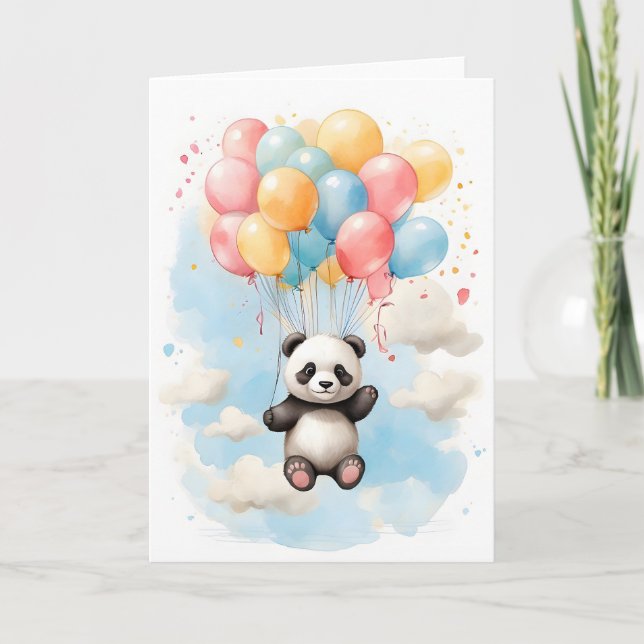 Tarjeta Hermoso Oso Panda Acuarela Globos Grandes Blanco (Anverso)