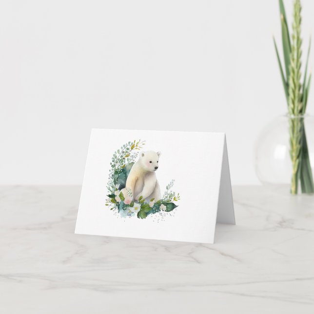 Tarjeta Hermoso oso polar en flor en BLANCO (Anverso)