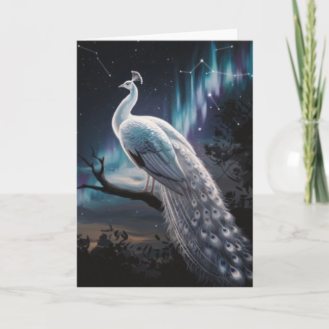 Tarjeta Hermoso Pavo Blanco Aurora Borealis Escenario (Anverso)