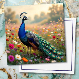Tarjeta Hermoso Pavo Real en Campo de Flores 