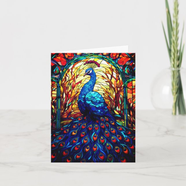 Tarjeta Hermoso Peacock Vidrio Manchado (Anverso)