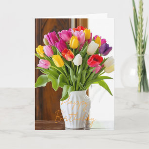Tarjeta Hermoso ramo de tulipanes flor rosa invierno cumpl