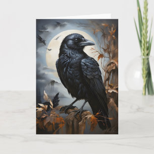 Tarjeta Hermoso retrato de cuervo negro árboles luna en bl