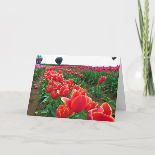 Tarjeta Hermoso Tulip Field con globos de aire caliente (Anverso)