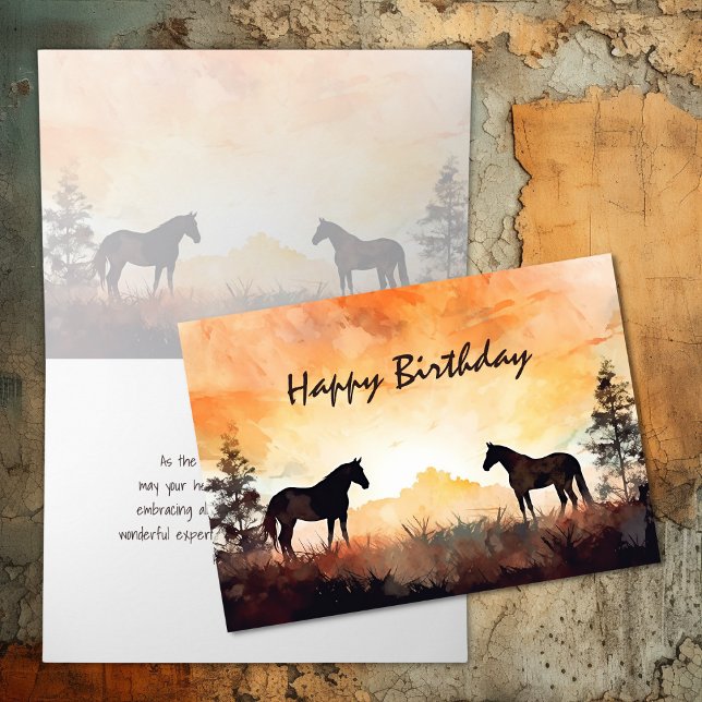 Tarjeta Hermosos caballos acuarelas en el cumpleaños del a (Beautiful Watercolor Horses at Sunset Birthday Card)
