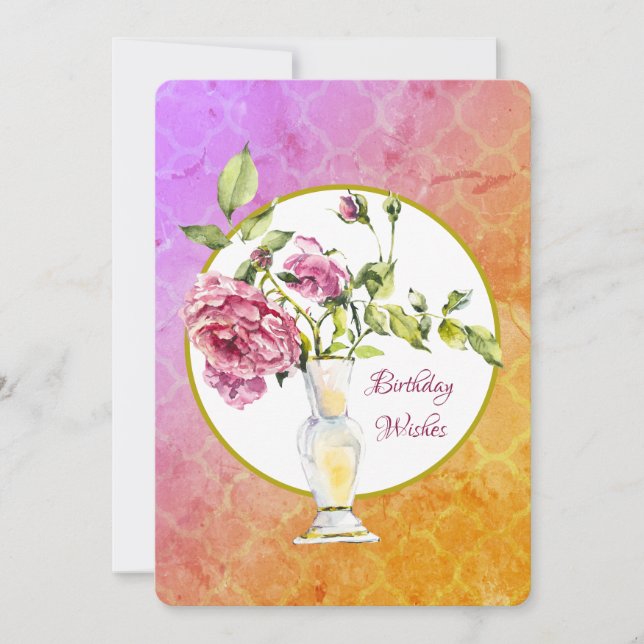Tarjeta Hermosos Deseos De Cumpleaños Rosas Rosa En Vase (Anverso)