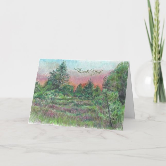 Tarjeta Hermosos paisajes verdes rosas, árboles de arte gr (Anverso)