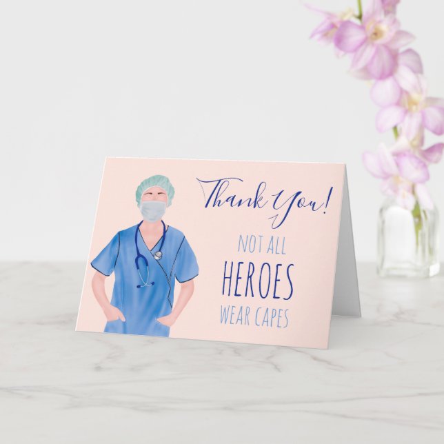 Tarjeta Héroes enfermera ilustracion rosa azul gracias (Orquídea)