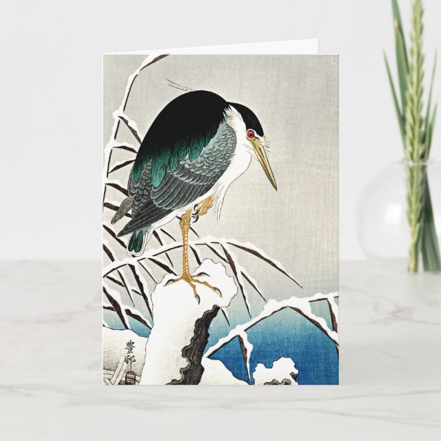 Tarjeta Heron en Nieve, arte fino de Ohara Koson (Anverso)