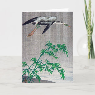 Tarjeta Heron volando en lluvia, Watanabe Seitei