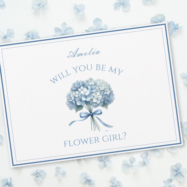 Tarjeta Hidrangea azul agitada personalizada Bow Flower Gi (Ask your flower girl with this customizable card, adorned with a delicate blue hydrangea and ribbon.)