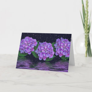 Tarjeta Hidrangea púrpura y gotas de lluvia pensando en ti