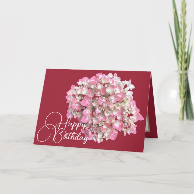 Tarjeta Hidrangea rosa/blanca Fondo Rubor Feliz cumpleaños (Anverso)