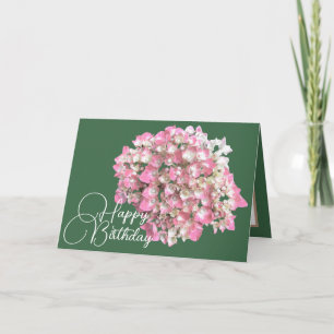 Tarjeta Hidrangea rosa/blanca Fondo Verde Feliz cumpleaños