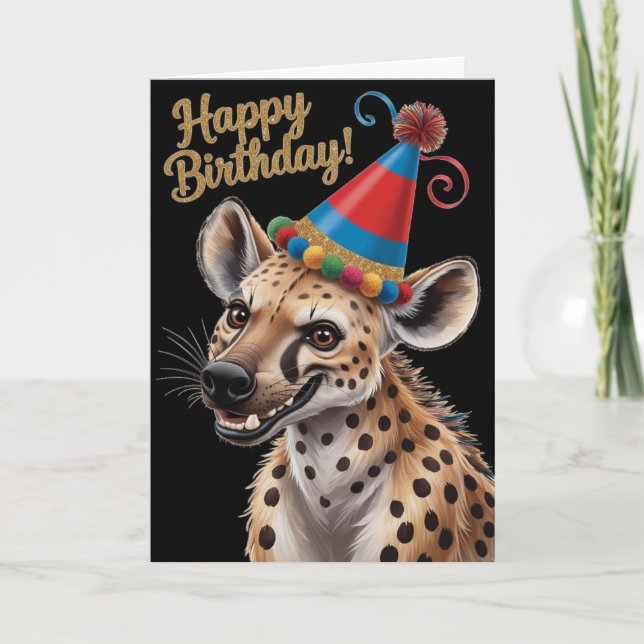 Tarjeta hiena manchada con sombrero de cumpleaños (Anverso)