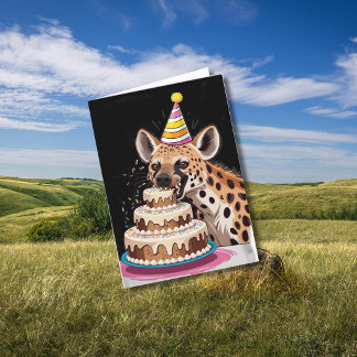 Tarjeta Hiena manchada con sombrero mordiendo pastel