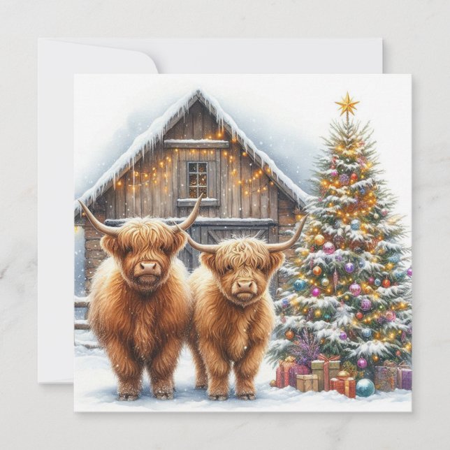Tarjeta Highland cows, tree and a barn Christmas card (Anverso)