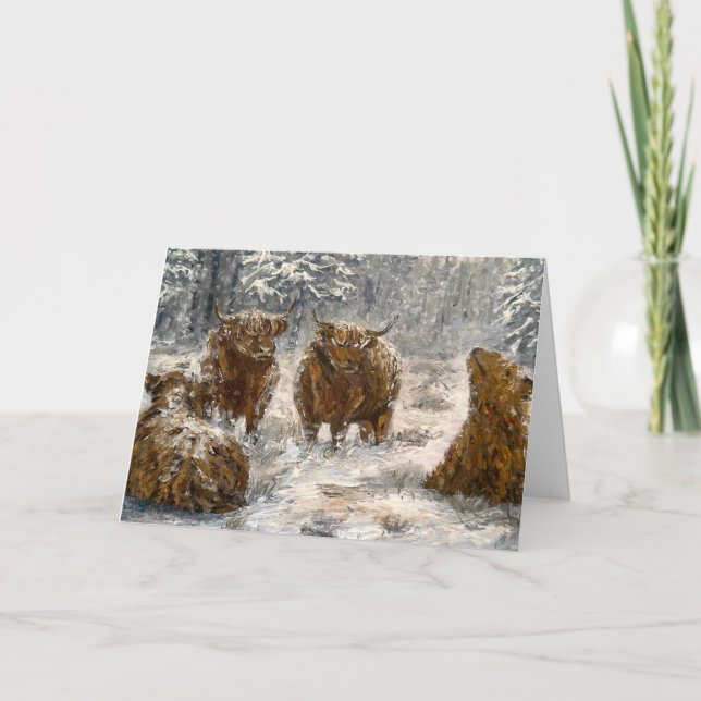 Tarjeta  Highland Soul: Whimsical Snowy Cows Vintage (Anverso)