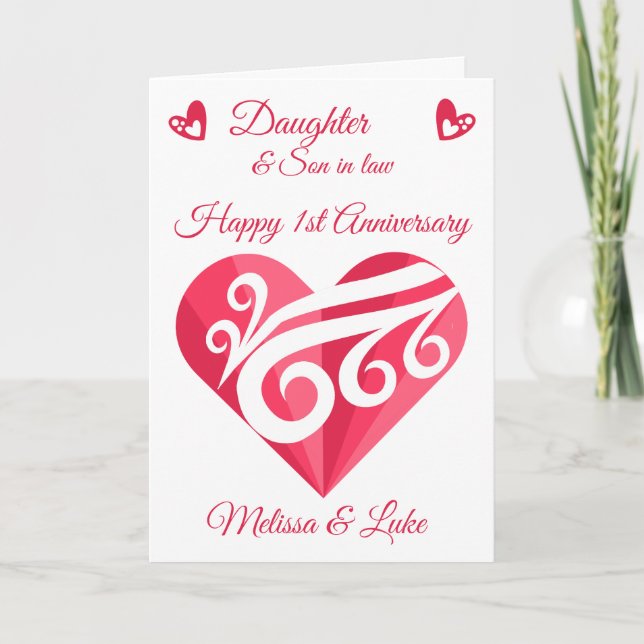 Tarjeta Hija 1er Aniversario Boda Corazón Rosa (Anverso)