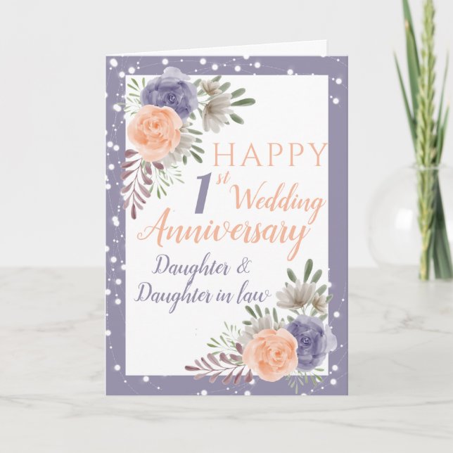 Tarjeta Hija 1er aniversario Boda Flor púrpura (Anverso)
