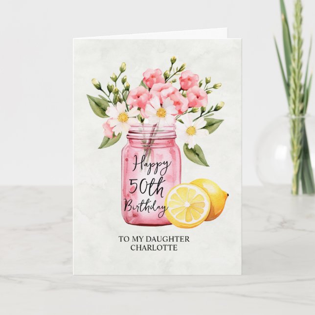 Tarjeta Hija 50.º cumpleaños saludo de flores rosadas Jar (Anverso)