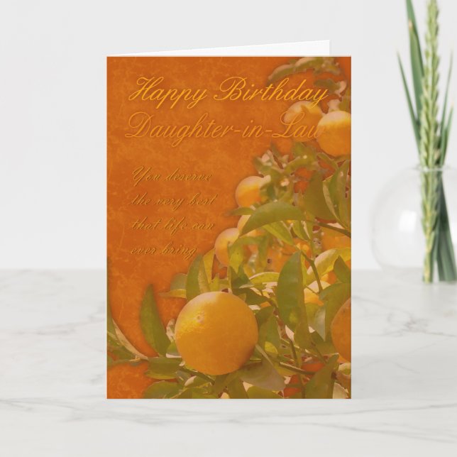 Tarjeta Hija cuñada feliz cumpleaños árbol Naranja español (Anverso)