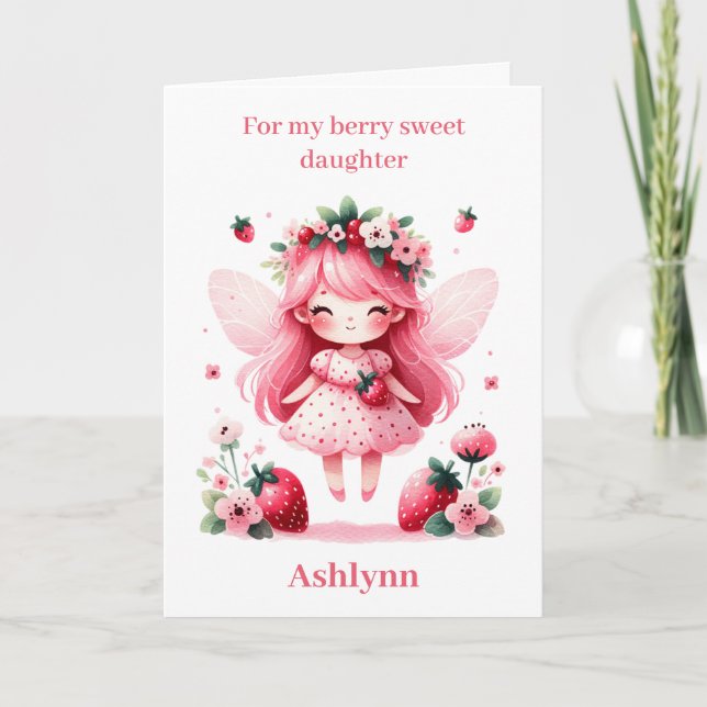 Tarjeta Hija de cumpleaños de fresa rosa Fairy Berry Fairy (Anverso)