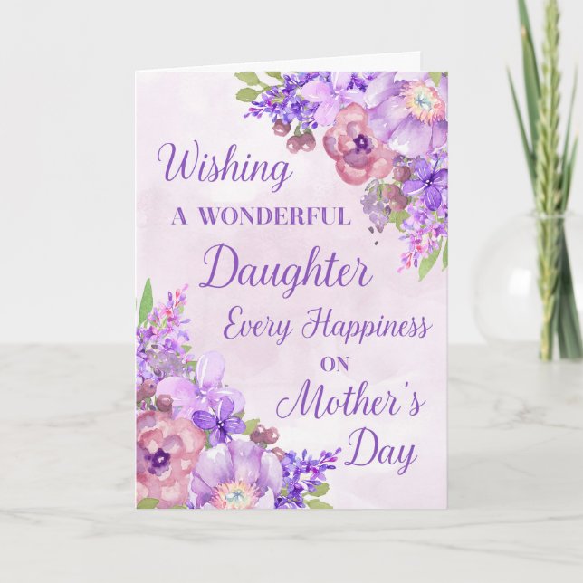 Tarjeta Hija del Día de la Madre con flores moradas (Anverso)