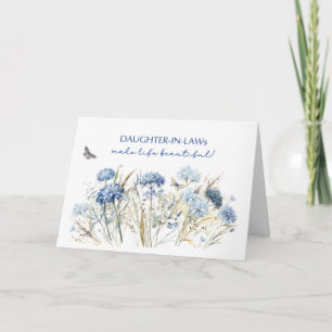 Tarjeta Hija en el cumpleaños de la ley, flores azules agi