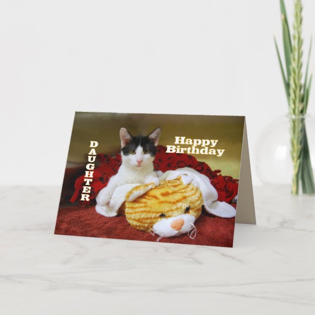 Tarjeta Hija Feliz cumpleaños gatito con juguete tigre (Anverso)