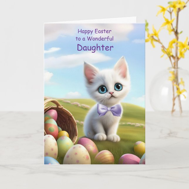 Tarjeta Hija feliz Pascua con un gatito blanco (flor amarilla)