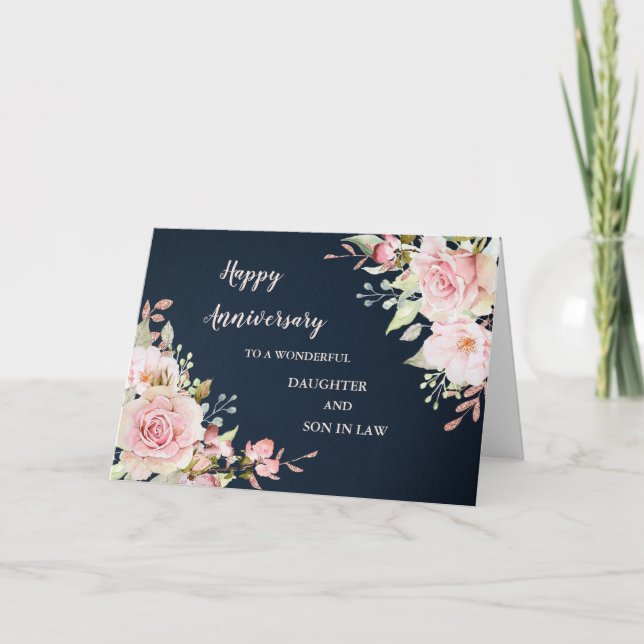 Tarjeta Hija floral e hijo en aniversario de Boda de Derec (Anverso)