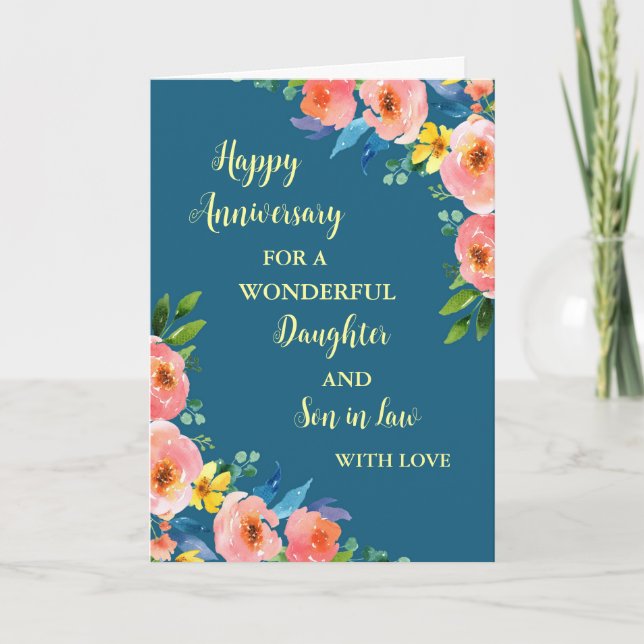 Tarjeta Hija floral e hijo en aniversario de Boda de Derec (Anverso)