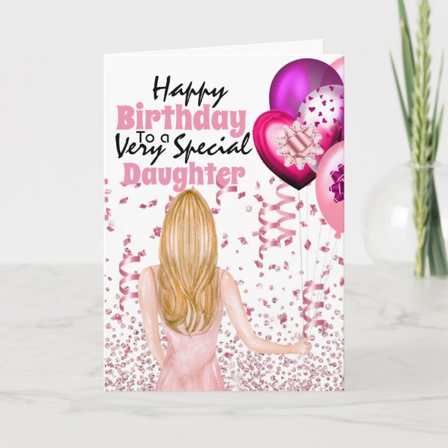 Tarjeta Hija sosteniendo globos rosados cumpleaños de conf (Anverso)