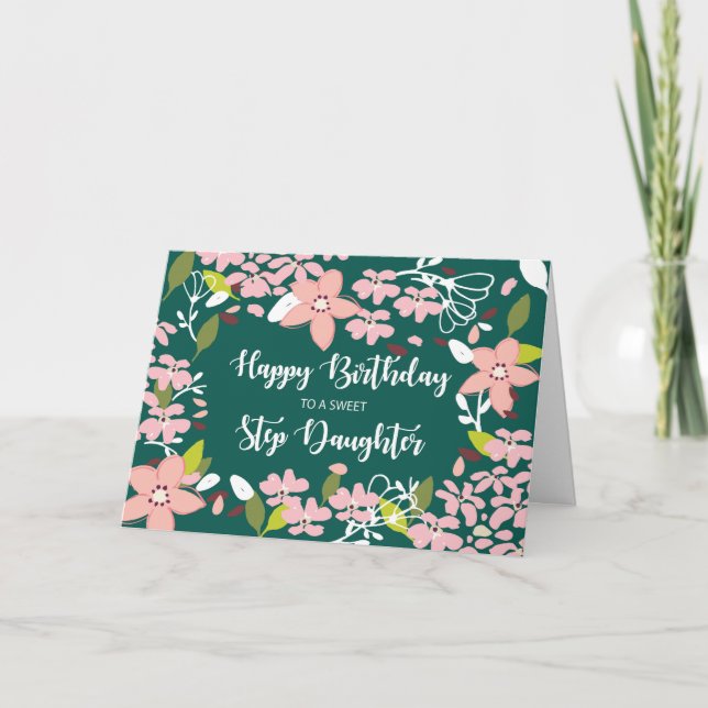 Tarjeta Hija Step Birthday Green Flowers (Anverso)