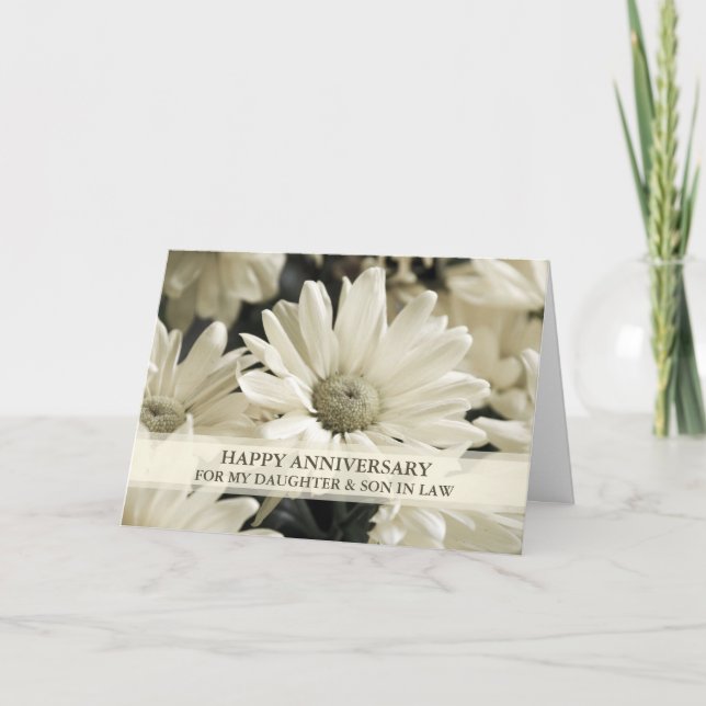 Tarjeta Hija y hijo flores en aniversario de Boda de leyes (Anverso)