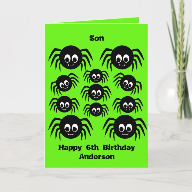 Tarjeta Hijo Cumpleaños Halloween Araña Verde (Anverso)